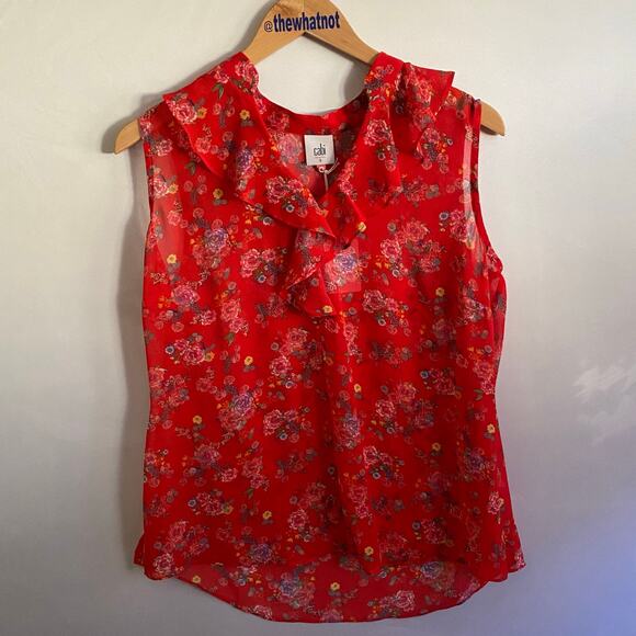 Cabi Tops - cAbi Crush Floral Ruffle Sleeveless Blouse Red Sheer Top Size S